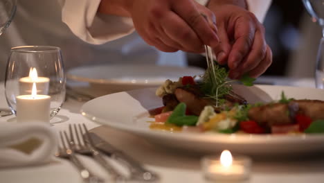 a chef's hands meticulously plating a gourmet dish in a fine dining setting