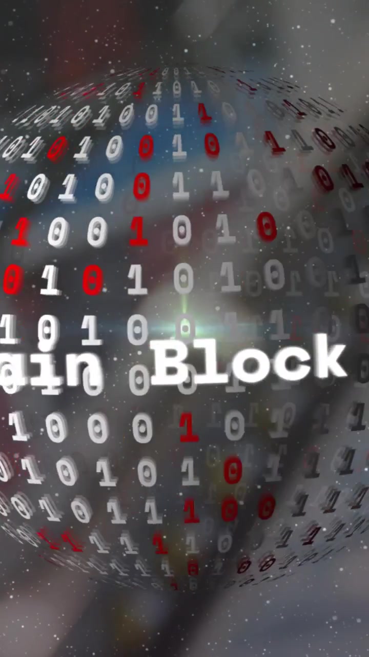 Vertical video: Bitsphere turning spiraling Block chain text sliding green flare pulsing for tech