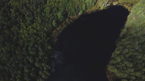 Vista-De-Drone-De-Grúa-De-Un-Hermoso-Lago-Remoto-Y-Bosques-Y-árboles-Circundantes-Con-Luz-Solar-única-Hb07