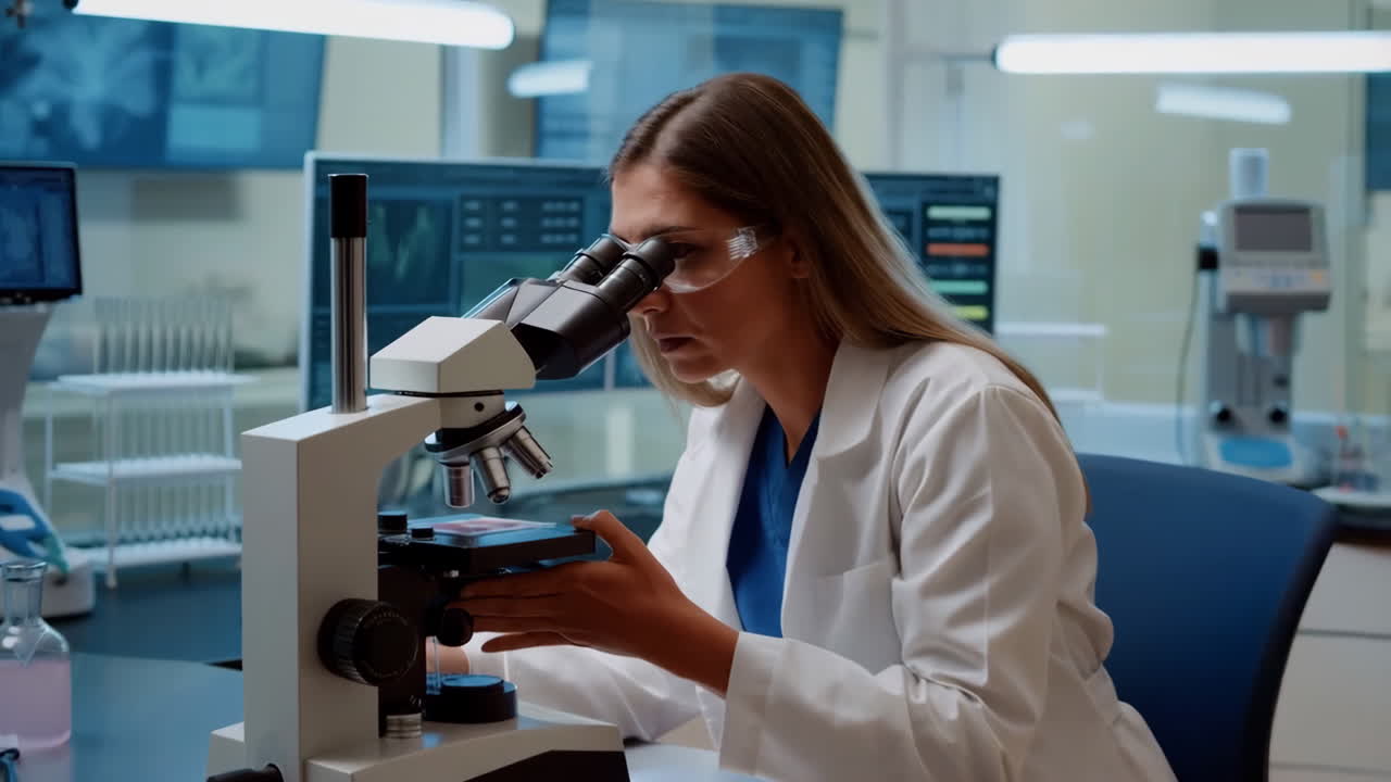 Female Scientist Working with Microscope in Modern Laboratory