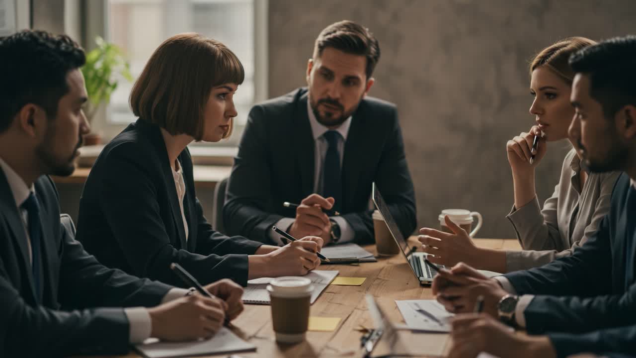 Business Meeting with Engaged Professionals Discussing Strategies and Ideas Around a Conference Table with Notebooks and Beverages Present