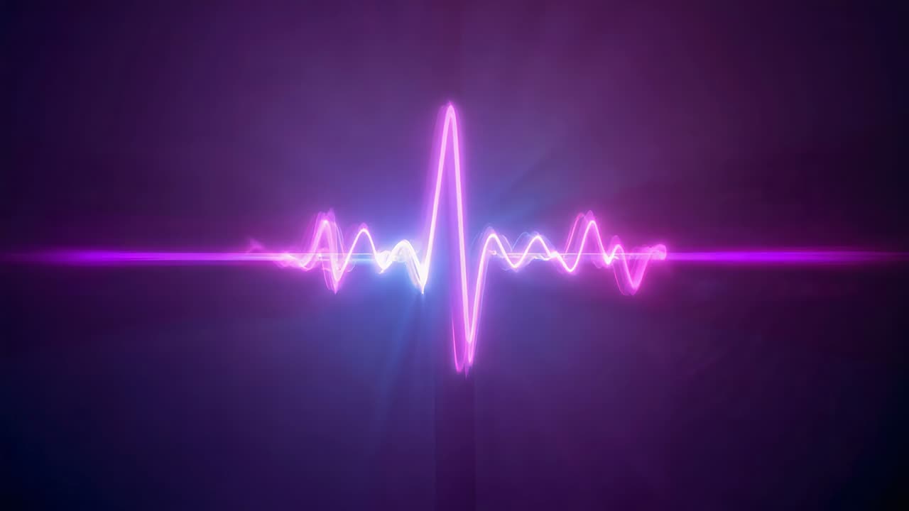 Left-entering neon wave spiking, splitting to twin peaks on dark gradient, simulating heartbeat