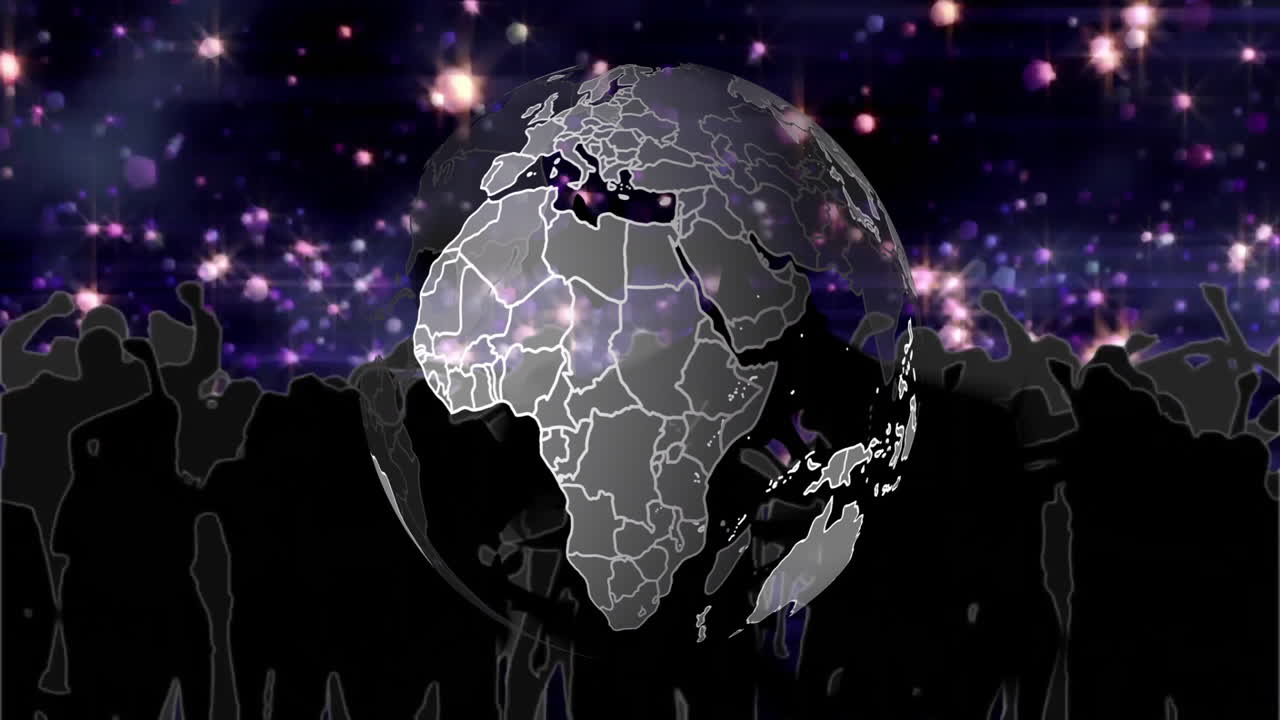 Animated bats flying over glowing globe with starry night background
