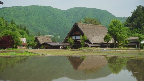 reflection of giant house with thatched roof and mountains full of greenery, ponds for planting shirakawago japan