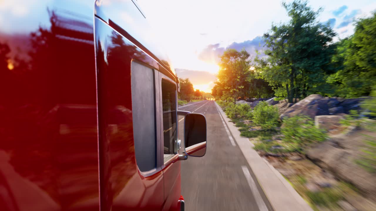 Beautiful Sunset Colorful Sky And Reflections On A Truck On Road