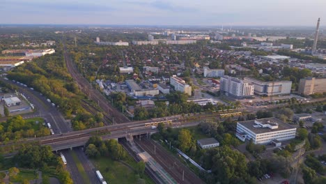 Lovely-aerial-top-view-flight-Friedrichsfelde-building,-housing-complex,-Berlin-Friedrichsfelde-East-Germany-golden-hour-2023