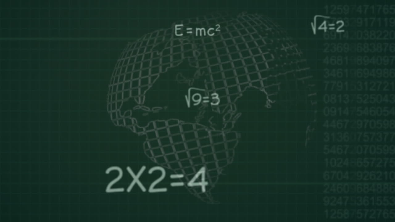 Animation of mathematical formulae floating over a rotating globe on green grid background