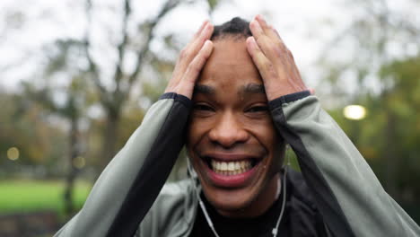 sweat, black man and fitness face with a smile