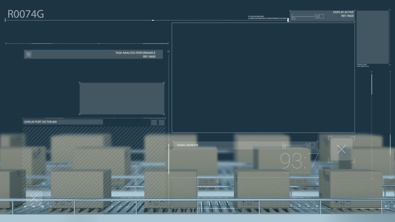 animación del procesamiento de datos financieros sobre cajas en cinta transportadora sobre fondo negro