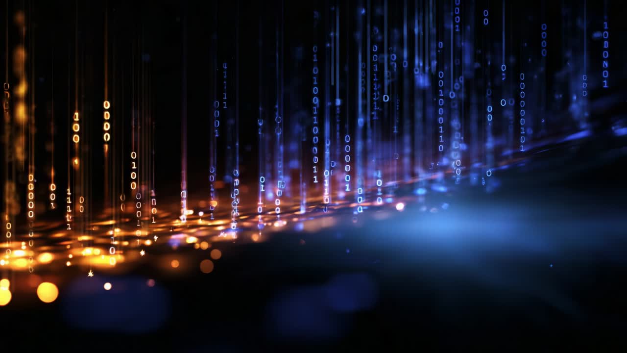 Et fascinerende spil af lys og data, der viser levende strømme af binær kode, som vælter ned gennem et mørkt digitalt landskab og afslører skønheden i teknologi og information i bevægelse.