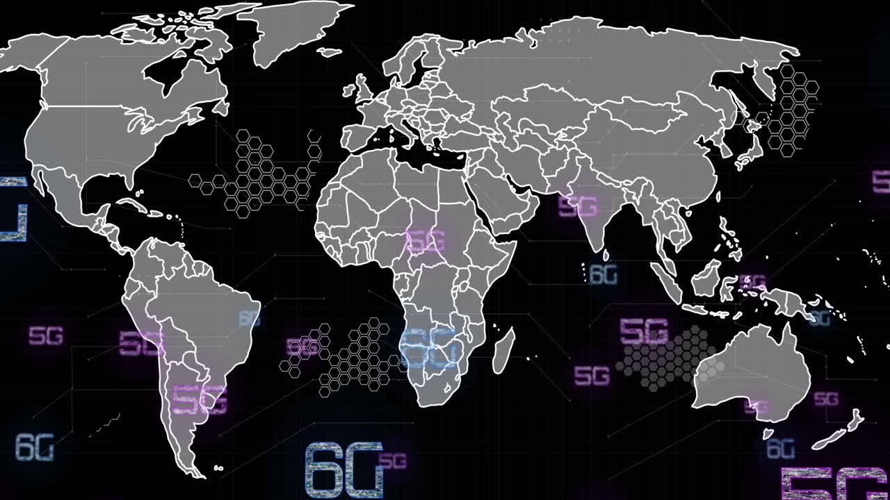 6g 및 5g 텍스트 및 데이터 처리의 애니메이션은 검은색 배경에 세계 지도를 표시합니다.
