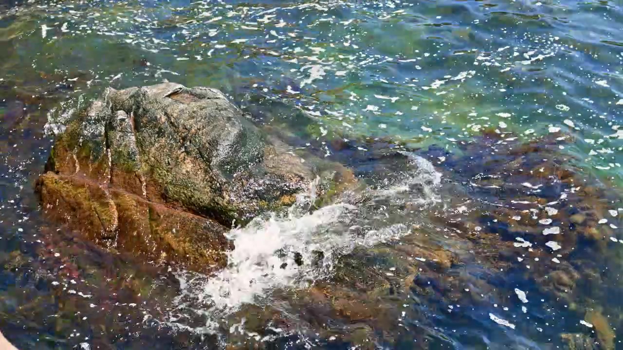 Scena marina soleggiata. Vivace movimento delle onde costiere. Litorale marino luminoso con vivaci spruzzi. Costa rocciosa splendente caratterizzata da onde che si infrangono e vita marina colorata.