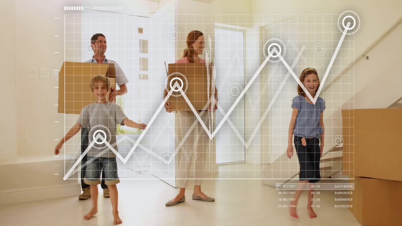 family carrying moving boxes at entrance, showing logistics data with world map and data table