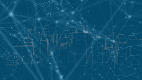 animation of network of connections over city on blue background