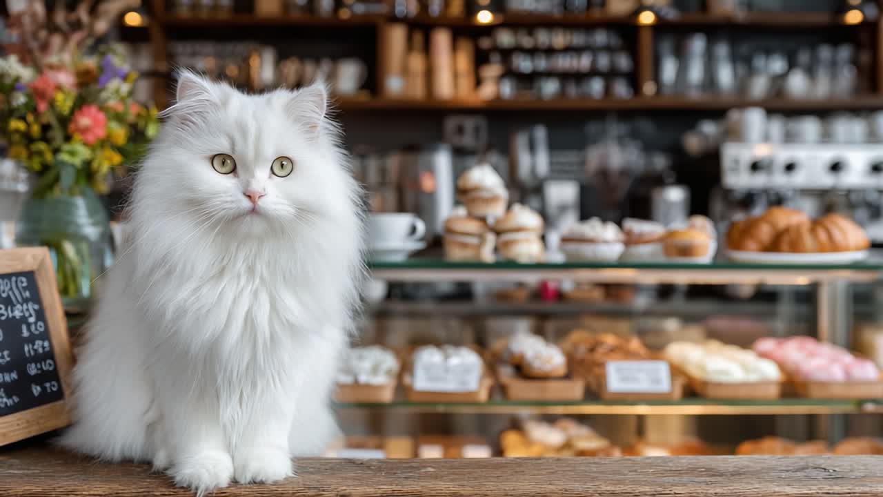 En charmerende, fluffy hvid kat står stolt på disken i et hyggeligt bageri, omgivet af lækre kager og bagværk i en indbydende caféatmosfære