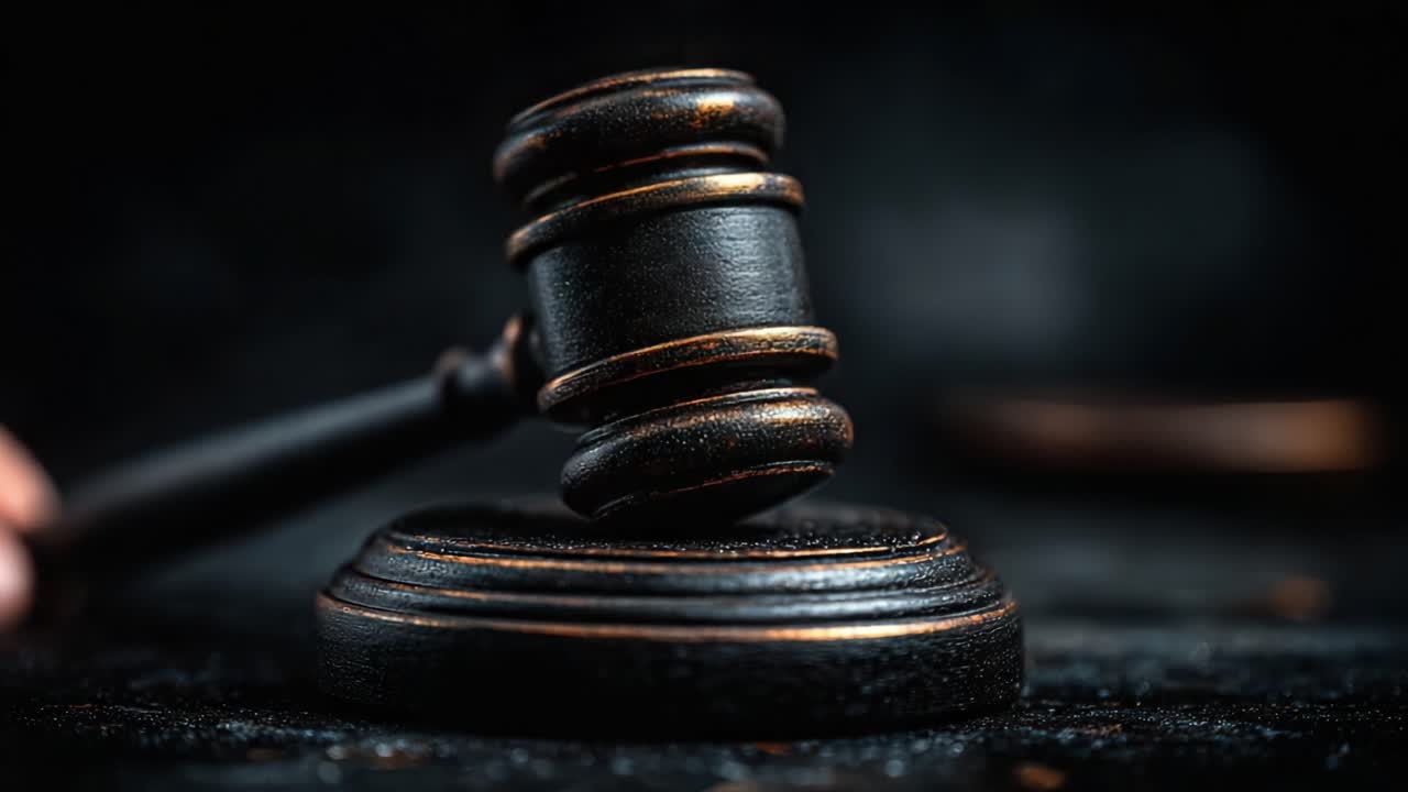 Una rappresentazione artistica della giustizia: un primo piano di un martello da giudice su uno sfondo scuro evidenzia l'importanza della legge e dell'ordine nella società