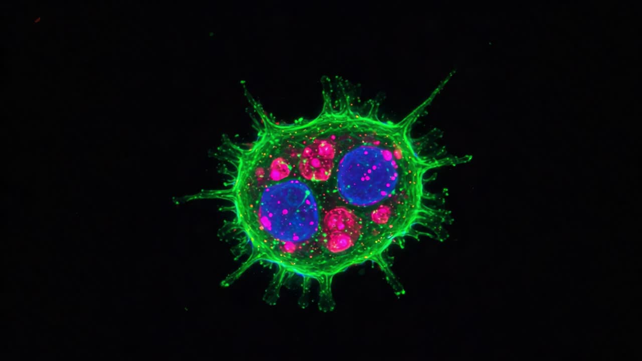 Imagem Microscópica de uma Célula Vibrante com Coloração Verde, Azul e Rosa Marcante, Demonstrando Estruturas Celulares Intrincadas e Complexidades em Detalhe Visual.