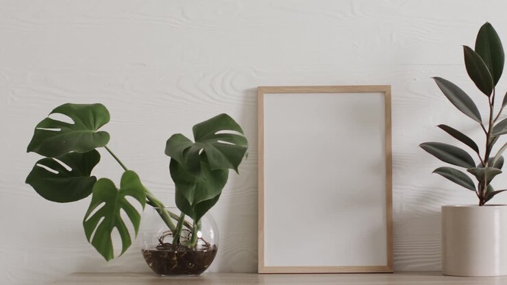 Wooden frame with copy space on white background with plants against white wall