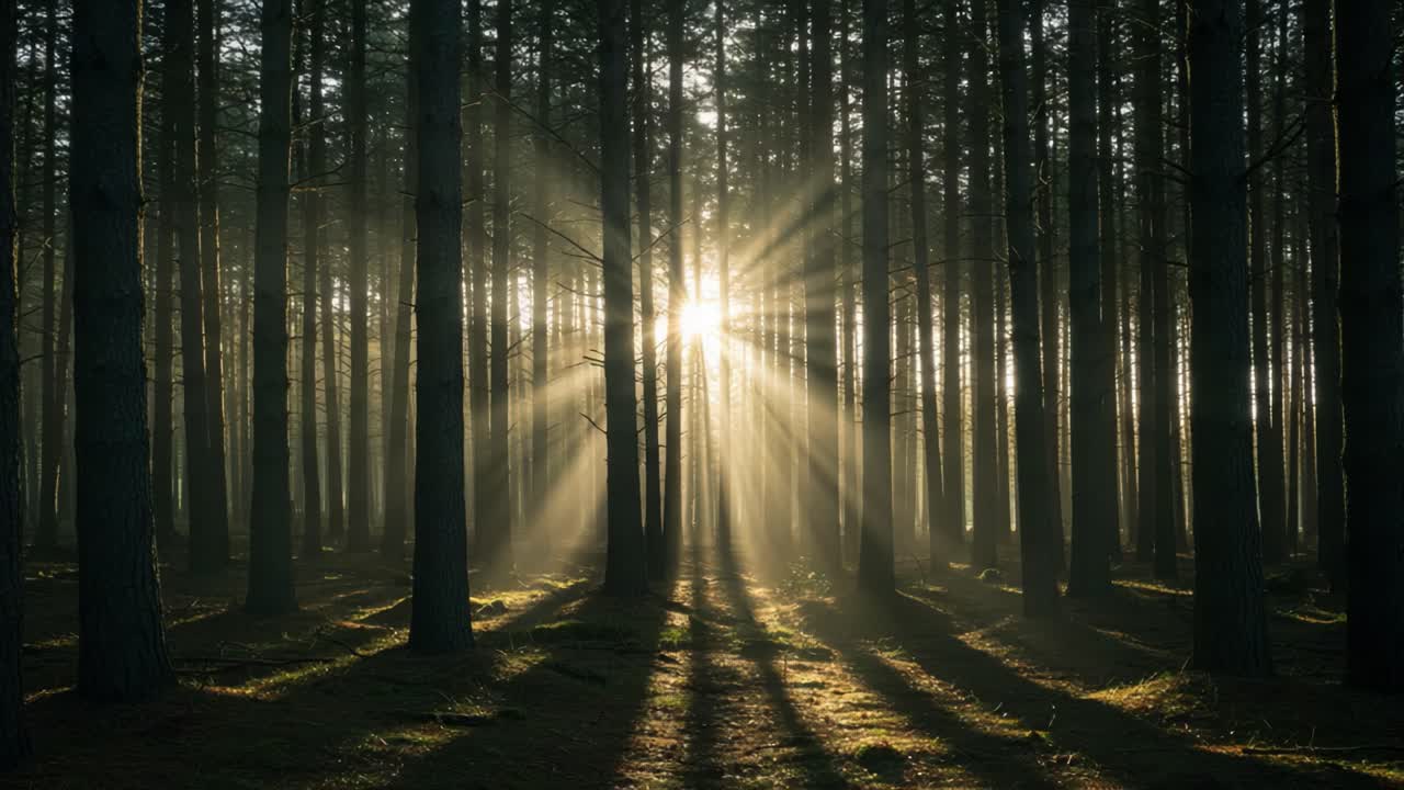 A Serene Sunrise in the Forest Illuminating Tree Shadows with Soft Rays of Light Piercing Through the Dense Canopy, Creating a Mystical Atmosphere in Nature