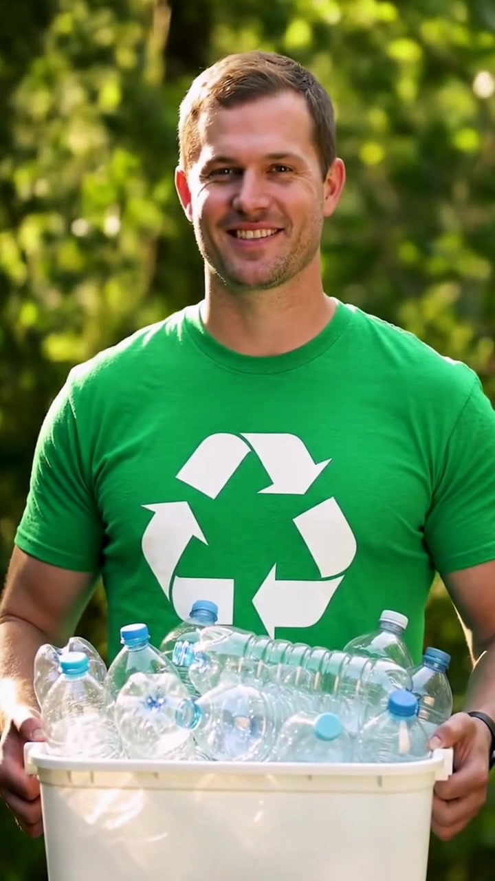 Volontario che tiene un contenitore di bottiglie di plastica