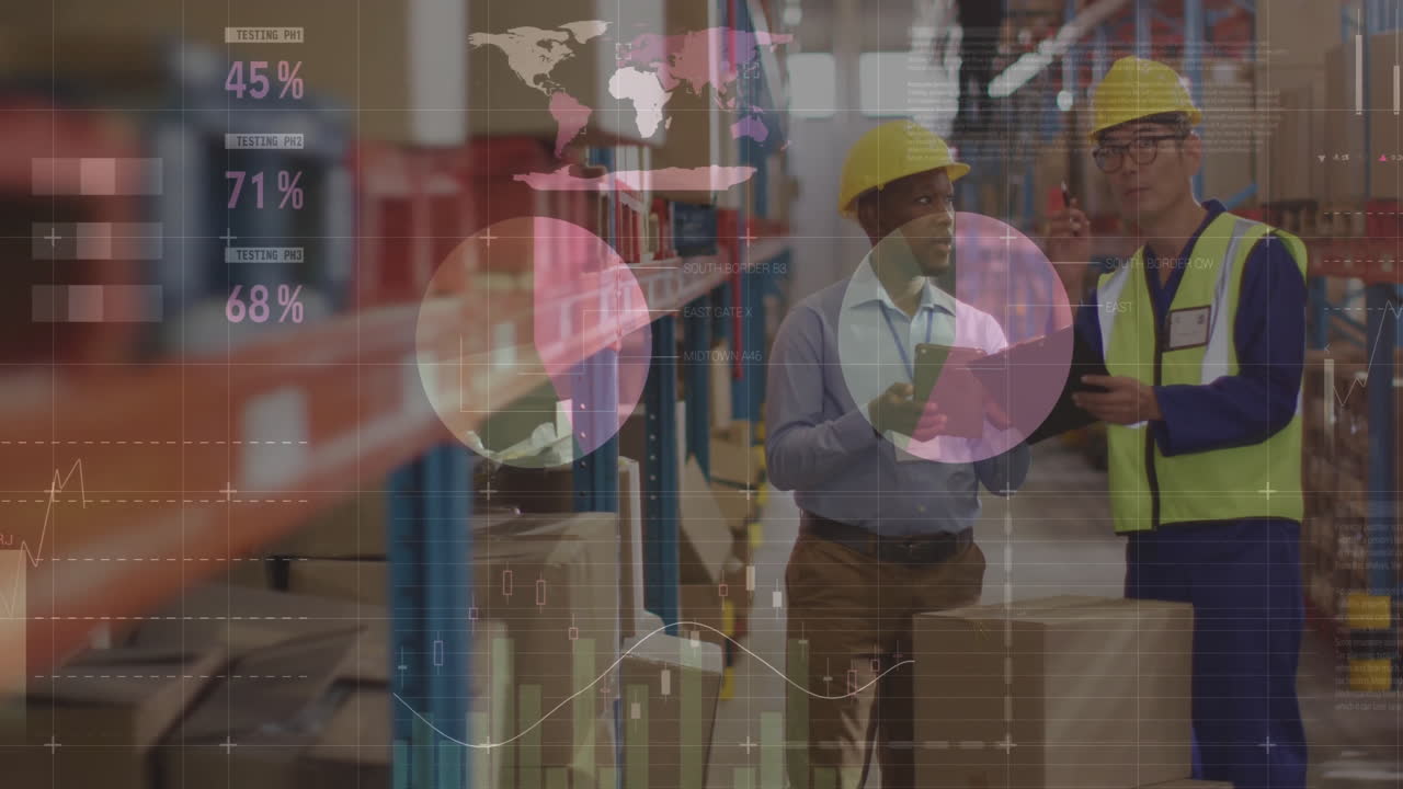animación de gráficos estadísticos sobre diversos trabajadores masculinos en el almacén