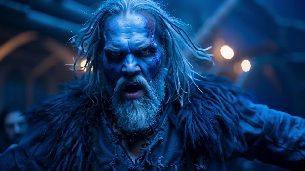 A man with a long white beard and a long beard in a dark room