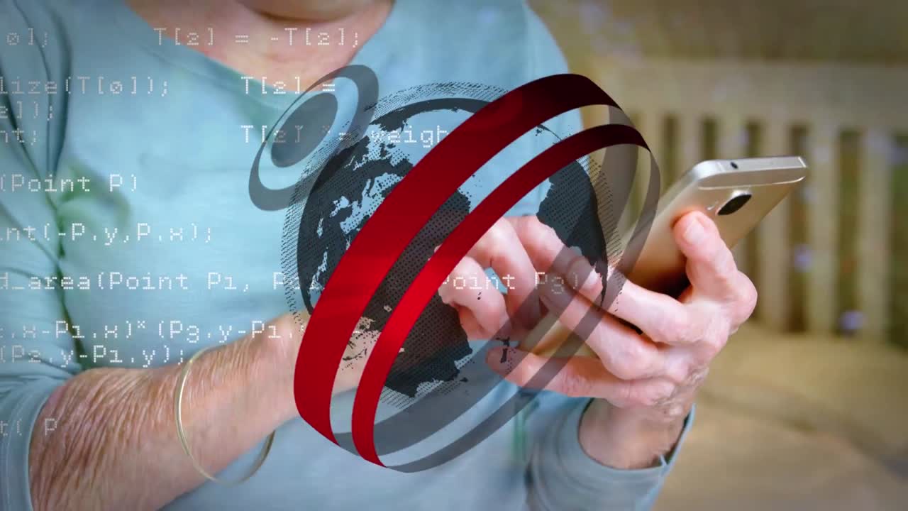 스마트폰을 사용하는 백인 여성에 대한 지구의 애니메이션과 데이터 처리