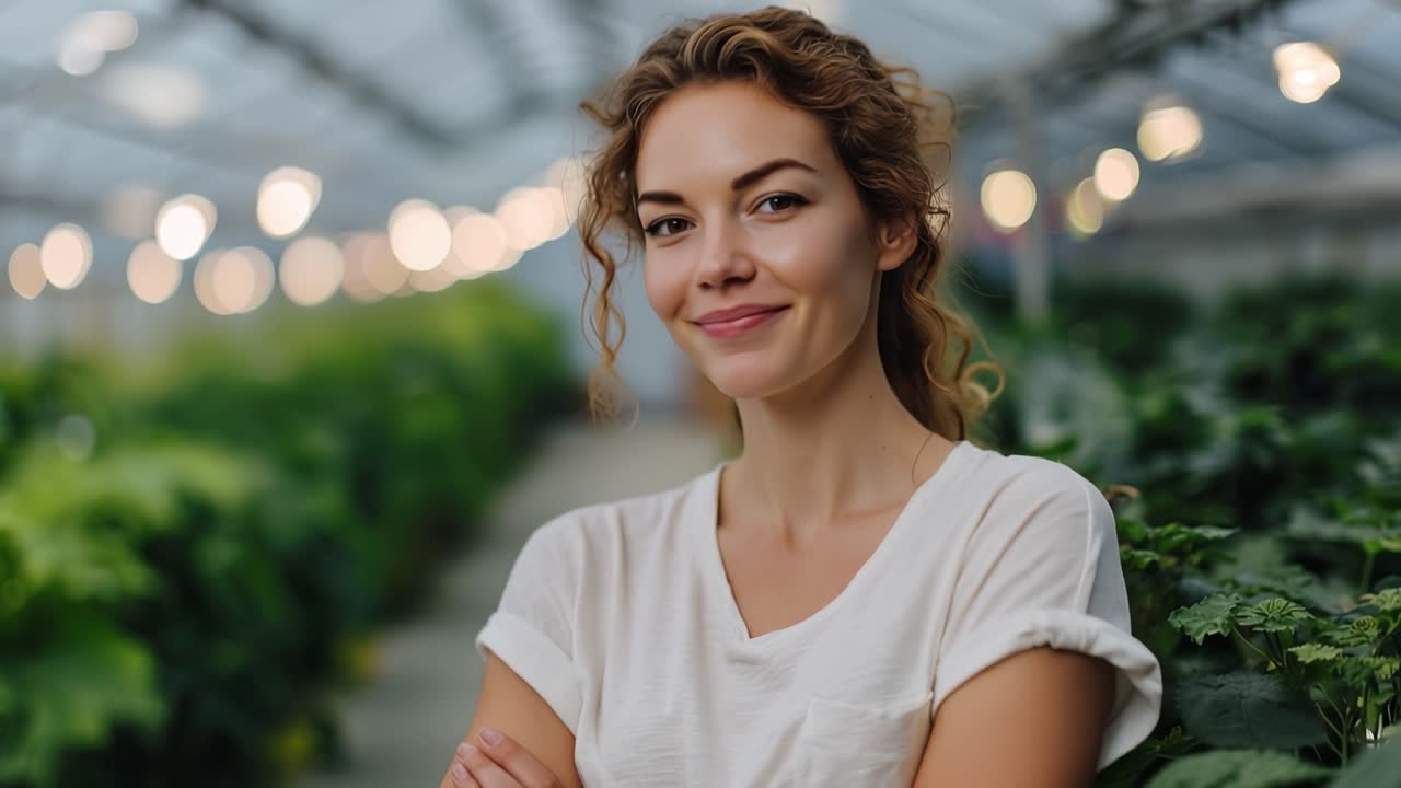 Ung kvinde smiler og plejer planter i et drivhus.
