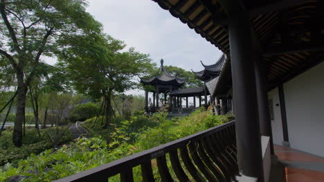 beautiful typical oriental patio with wooden constructions in the background