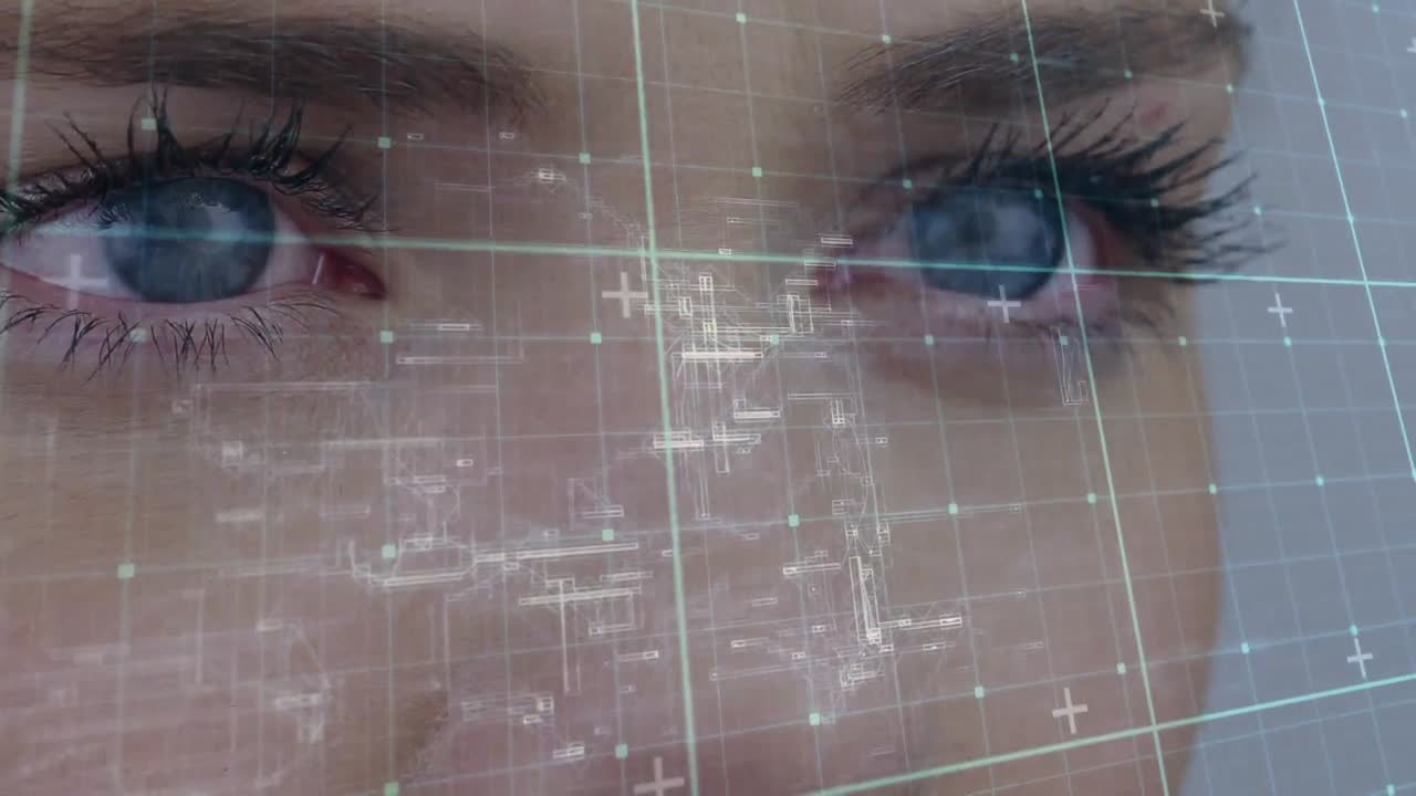 Animation of data processing over grid and woman's face