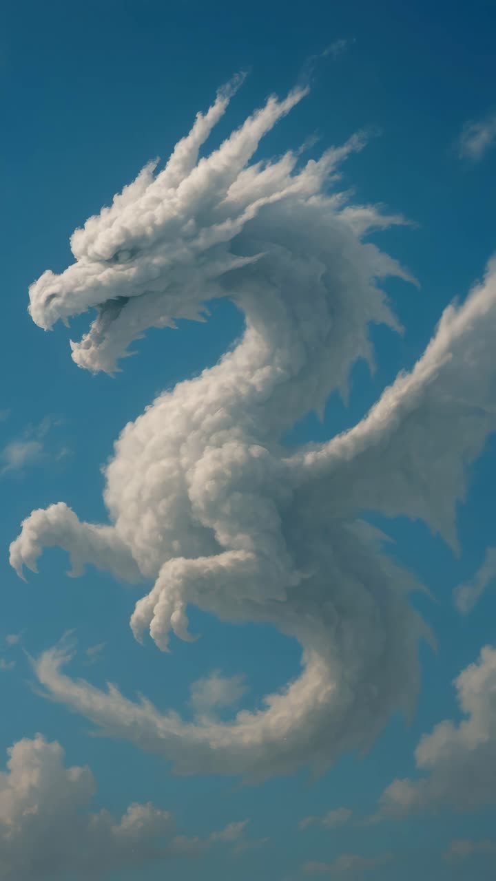 A majestic dragon-shaped cloud against a blue sky, captured from a low-angle, creating a cinematic