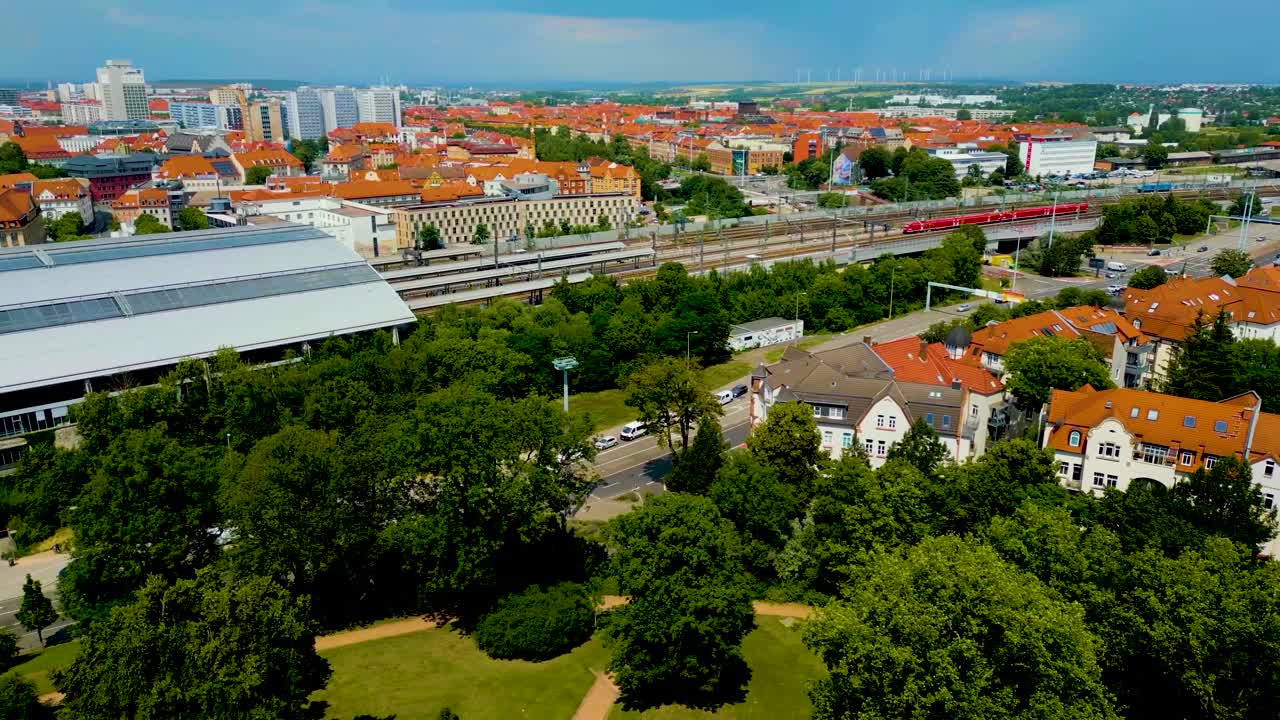 4K Aerial Drone Video of the Train Station in Downtown Erfurt, Germany