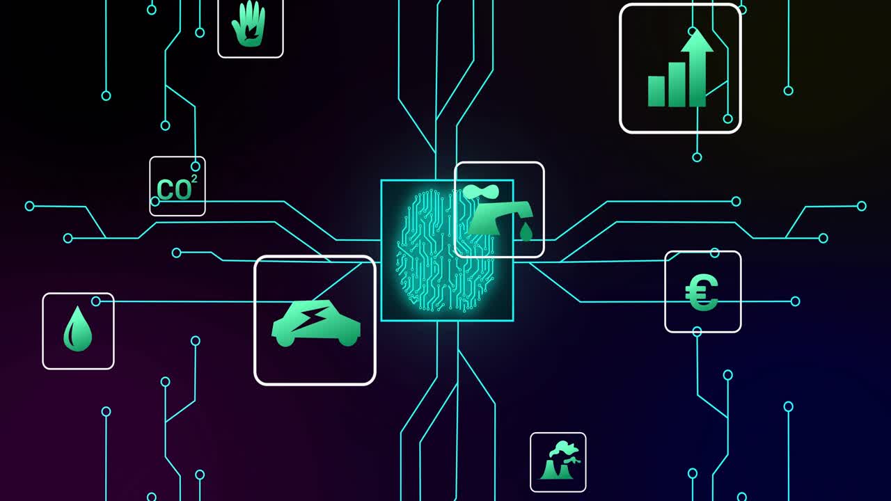 Opening CPU square connecting circuits to icons, pulsing fingerprint data to show connectivity
