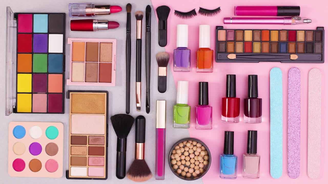 Full background with make up products moving. Stop motion