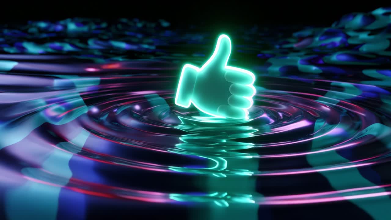 A captivating digital representation featuring a luminous thumbs-up symbol rising from vibrant, animated water ripples, creating a mesmerizing visual experience that combines art and technology seamlessly