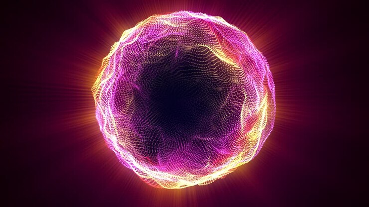 Abstrakti hehkuva pallo, tietokoneella luotu tausta. Monivärinen aaltoileva muoto neonhiukkasista. Futuristisen elementin 3D-renderöinti