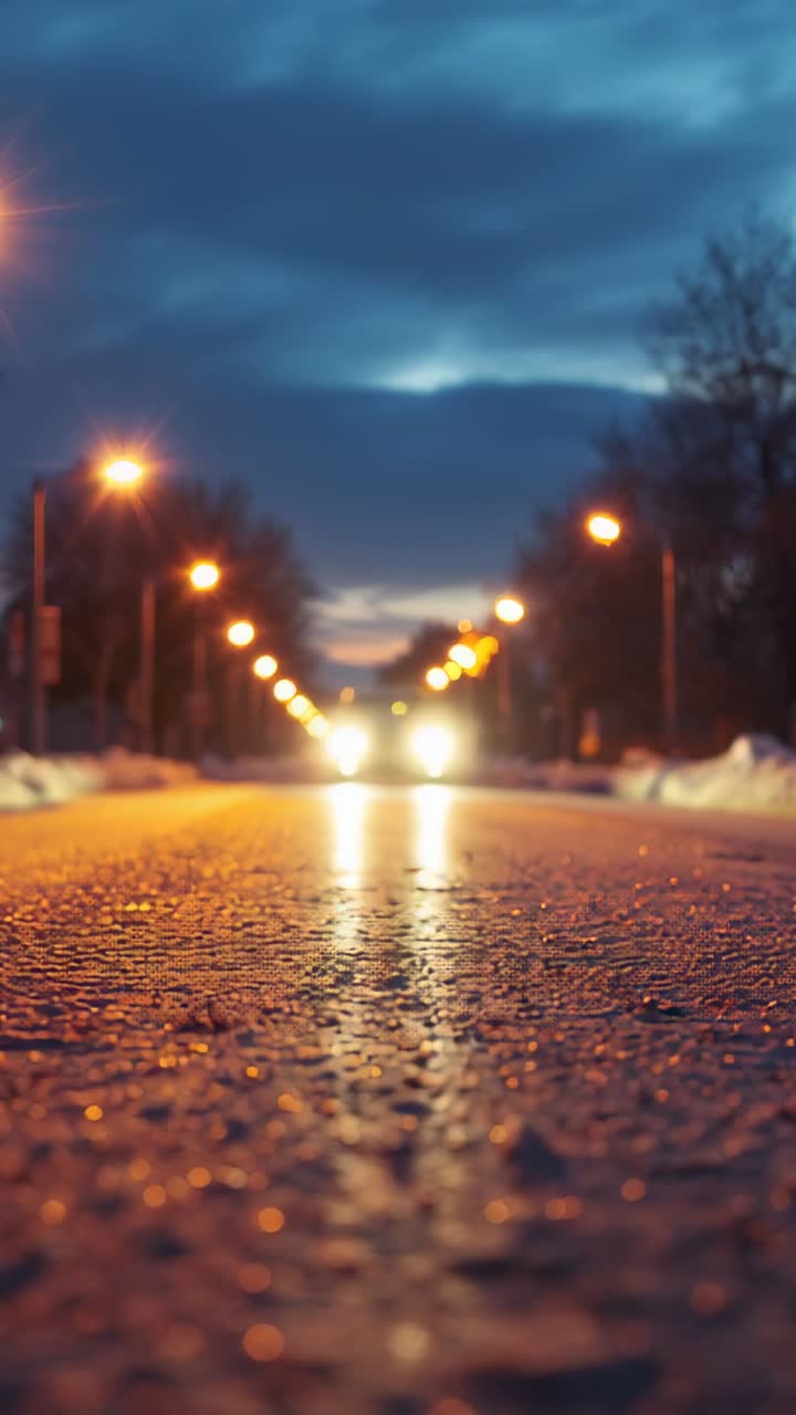 Vertical video: Vehicle headlights flashing nearing camera on icy road, with snowbanks, orange blur