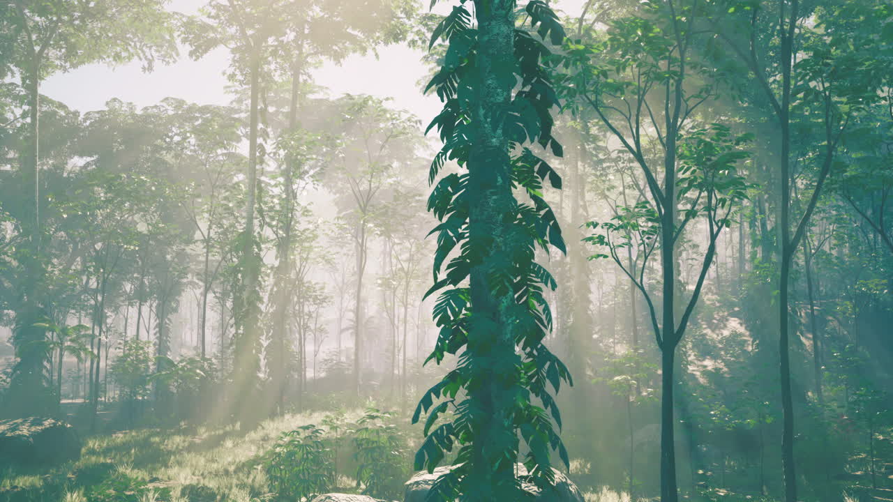 Sunlight filters through a vibrant forest filled with lush greenery and trees