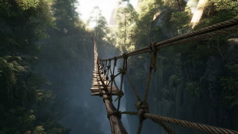 a precarious rope and wooden bridge stretches across a lush green canyon, bathed in sunlight