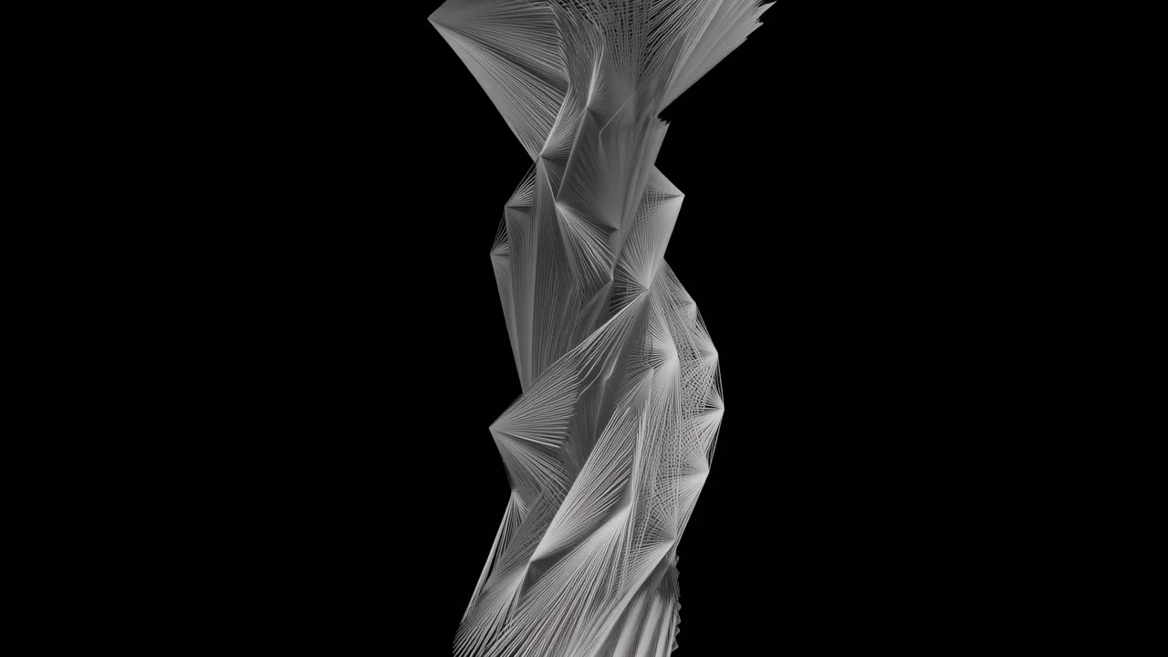 White Twisting Geometric Ribbon On Black Cinematic Loop Featuring Layered Translucent Planes Forming Spiraling