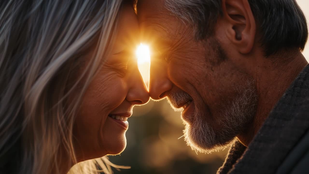 Älteres Paar, das sich im goldenen Licht der untergehenden Sonne einander zuneigt, die Gesichter näher zusammenbringt, die Sonne scheint breiter zu werden, Bart, Schal und Haare sind beleuchtet