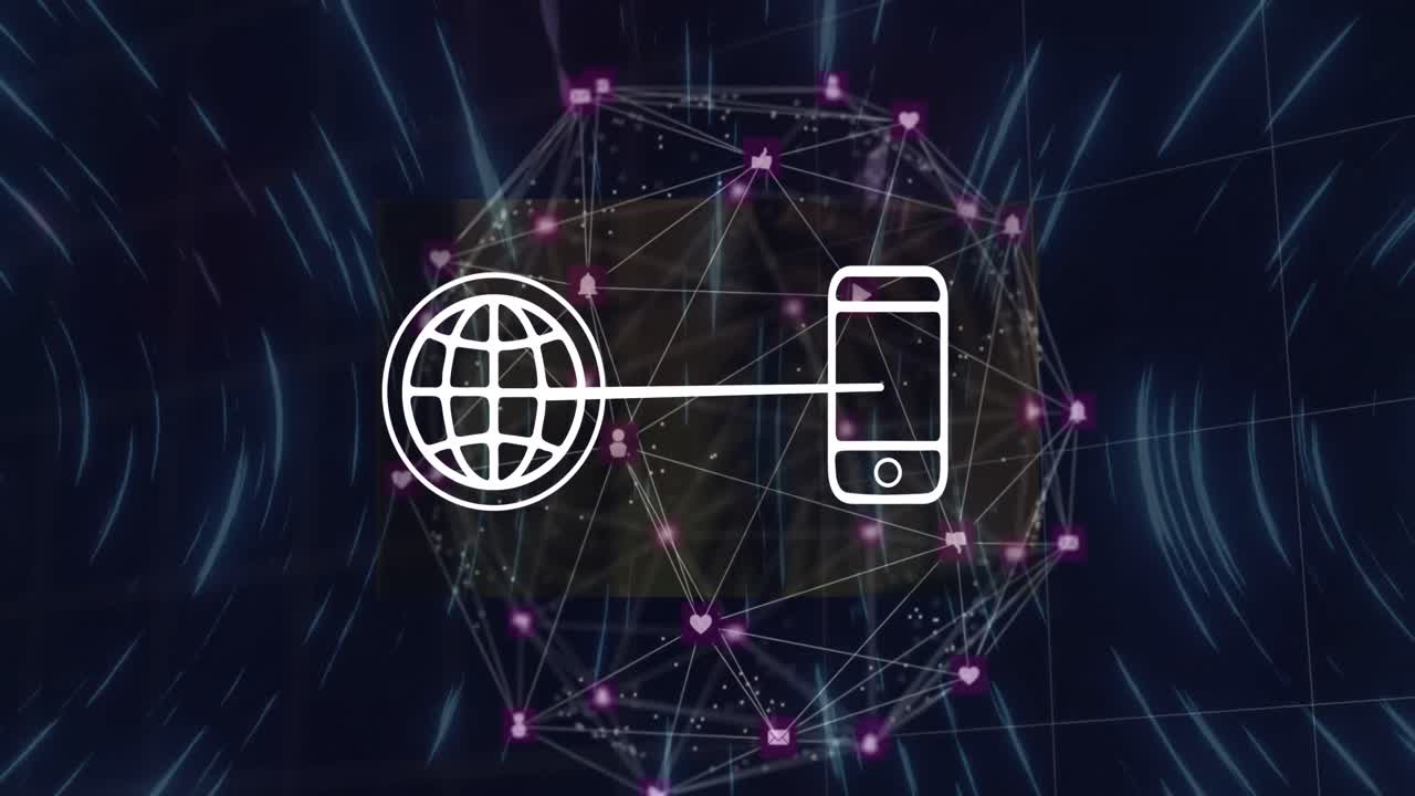 animación de iconos de globo y teléfono y iconos de redes sociales conectados que forman globo sobre senderos de luz