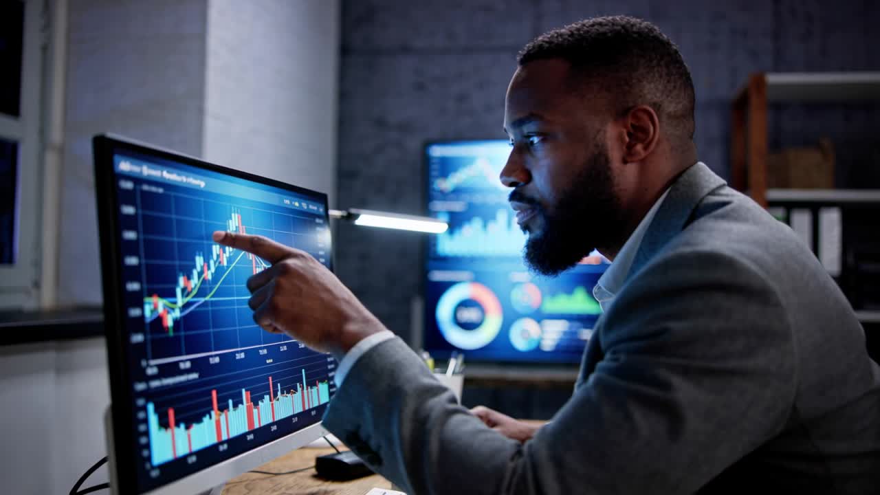 Reacting to price spike, trader in grey suit pointing and typing at office desk, candlestick chart