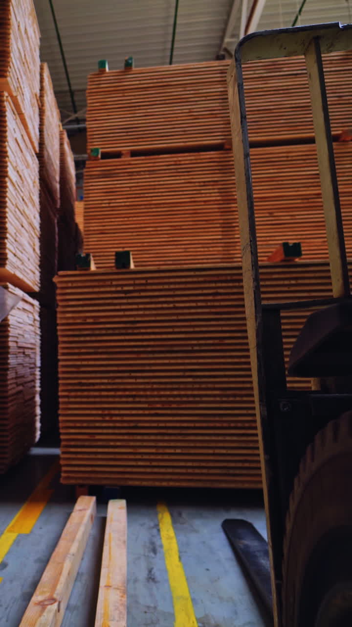 Warehouse of woodworking plant. Packed warehouse with wood ready for construction Vertical video