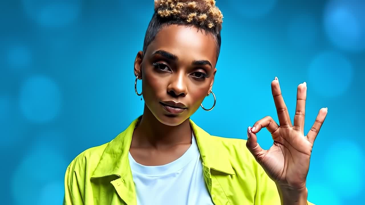 A woman in a yellow jacket holding up a peace sign