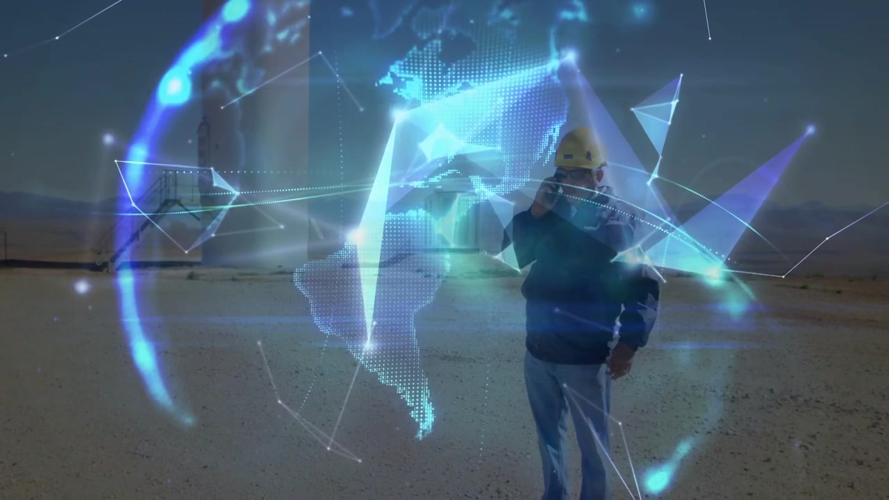 Tripod sensor starting blue nodes forming rotating holo globe as tech on phone showing turbine data