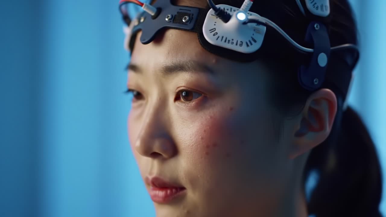 A Close-Up View of a Woman Undergoing Innovative Neurological Monitoring with an EEG Cap, Capturing the Intricate Technology and Expression of Focus in a Controlled Environment
