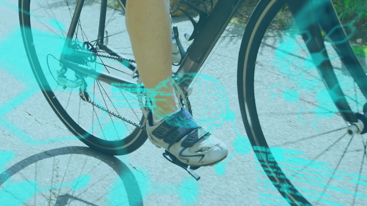 도로에서 자전거를 타는 백인 여성에 대한 화학 모델과 데이터 처리의 애니메이션