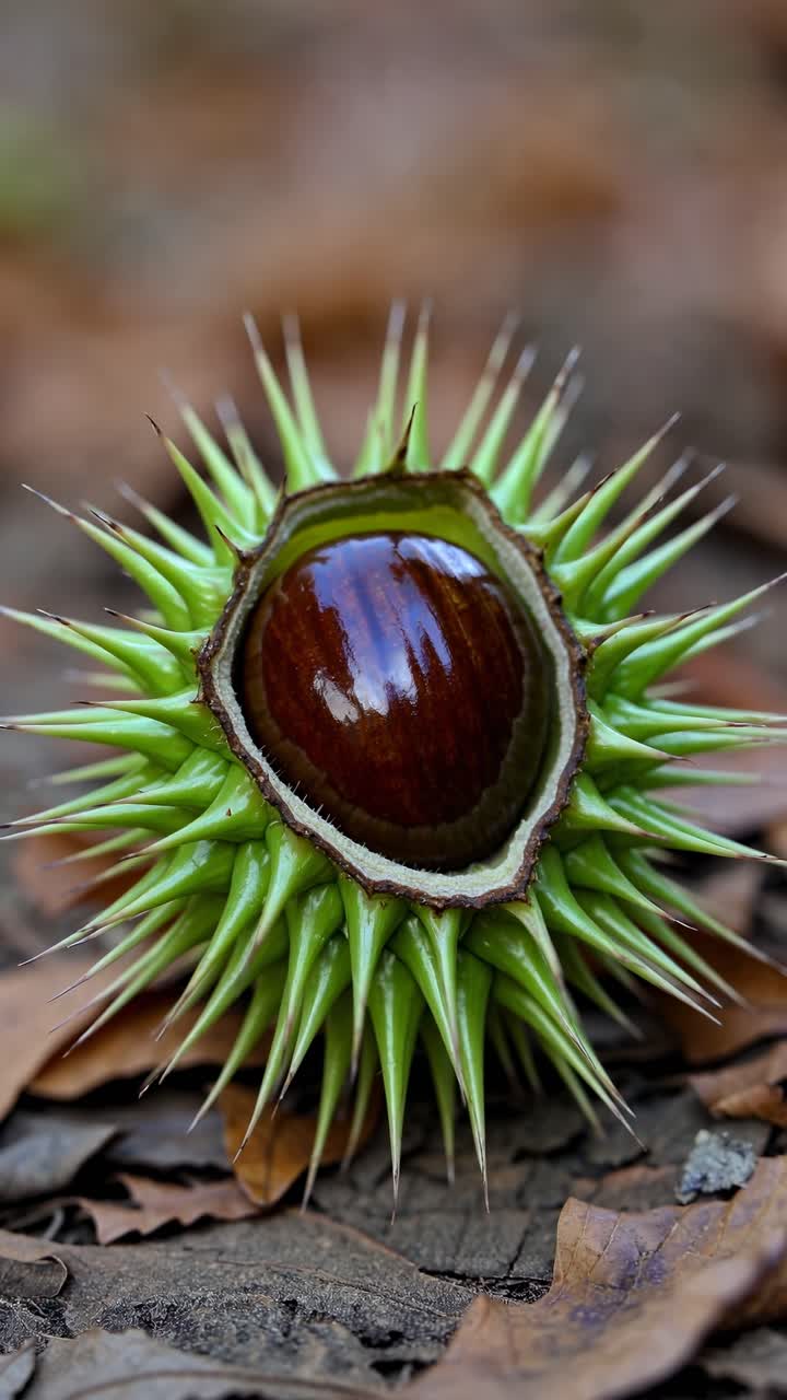 Close-up of a chestnut in its spiky shell on the forest floor, captured from a low angle