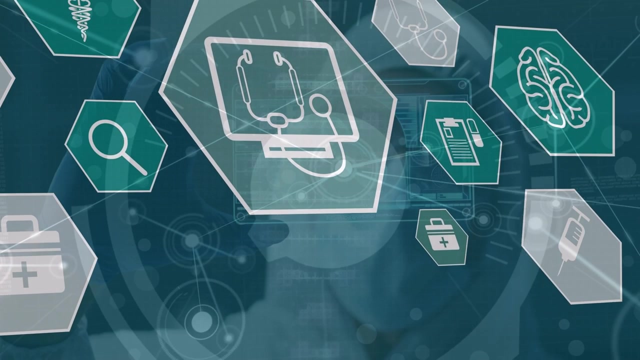 Animazione di una rete di icone mediche ed elaborazione dati su un operatore sanitario caucasico in tuta DPI